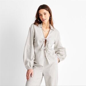 Future Collective Jenny K Lopez Striped Tie Front Blouse Linen Blend Cream Small